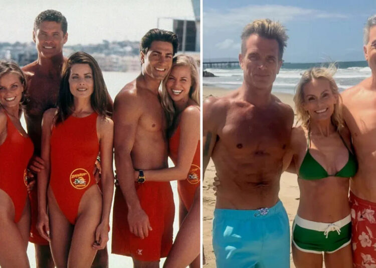 Estrelas originais de 'Baywatch' Kelly Packard, Michael Bergin e David Chokachi se reúnem no set de reinicialização