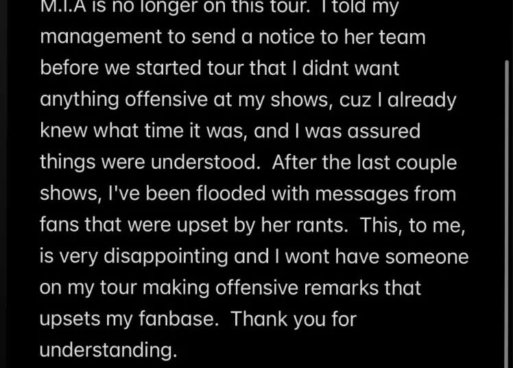 Kid Cudi remove MIA da turnê após aparentes reclamações no meio do show