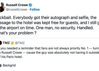 Russell Crowe responde a um vídeo viral dele alertando quem busca autógrafos para recuar
