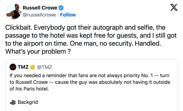 Russell Crowe responde a um vídeo viral dele alertando quem busca autógrafos para recuar