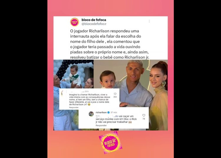 O jogador #richarlison  respondeu uma internauta após ela falar da escolha do nome do filho dele.