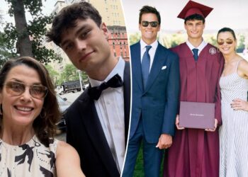 Bridget Moynahan grita com Tom Brady enquanto ex-namorados comemoram a formatura do filho Jack no ensino médio