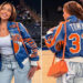 O prefeito de Nova York, Zohran Mamdani, posa com a bolsa laranja 'Lucky' de Jordyn Woods na parada do campeonato dos Knicks