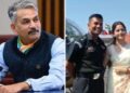 Tenente General aposentado Devendra Pratap Pandey (L) e Capitão Bharat Bhardwaj e sua noiva (R). (X/@LtGenDPPandey, X/@ANI)