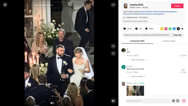 Imagens que afirmam mostrar o casamento de Taylor Swift e Travis Kelce são provavelmente falsas