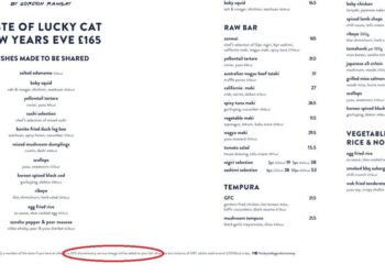 El menú de Año Nuevo en Lucky Cat con un cargo por servicio discrecional del 20 por ciento (Lucky Cat)