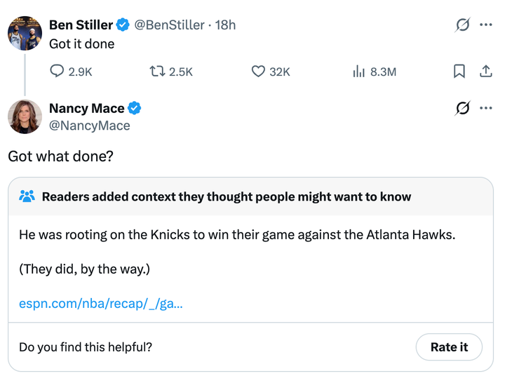 Rep. Nancy Mace (R-S.C.) replies to a post by Ben Stiller on Saturday.