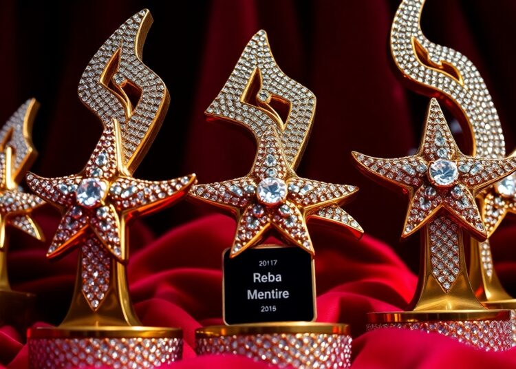 Una fotografía en primer plano que muestra las lujosas texturas de los premios de música country, brillantes pedrería y ricas telas de terciopelo, que representa conceptualmente el glamour y el prestigio de los legendarios 50 años de carrera de Reba McEntire.