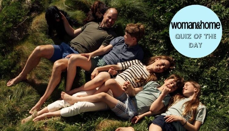 The Prince and Princess of Wales's anniversary photo of the family lying on the grass, with a W&amp;H Quiz of the Day roundel over the top