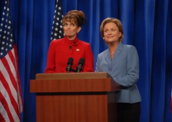 Tina Fey impersonating former Alaska Gov. Sarah Palin, opposite Amy Poehler as Hillary Clinton, during a 2008 episode of "Saturday Night Live."