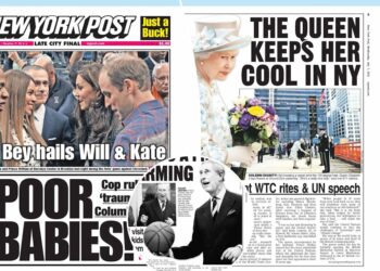 Un collage de imágenes que contiene 3 imágenes. La imagen 1 muestra la portada de la publicación. La imagen 2 muestra una página de la publicación durante la visita de la reina Isabel. La imagen 3 muestra una página de archivo del rey Carlos en 2007.