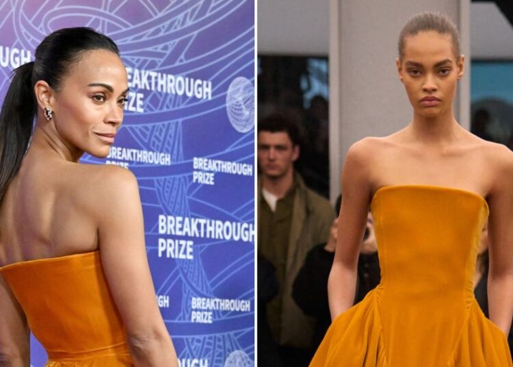 Zoe Saldaña se apoya en la asimetría del terciopelo naranja en Alaïa