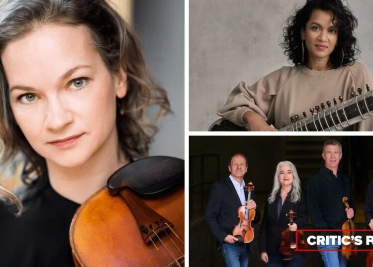 De izquierda a derecha (en el sentido de las agujas del reloj): la violinista Hilary Han (Fotografía cortesía del artista); Anoushka Shankar (Foto cortesía del artista); el Cuarteto Penderecki (Foto cortesía de los artistas)