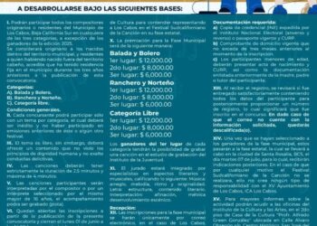 Convocan a cantantes y compositores de Los Cabos a participar en el Festival Sudcaliforniano de la Canción 2026.