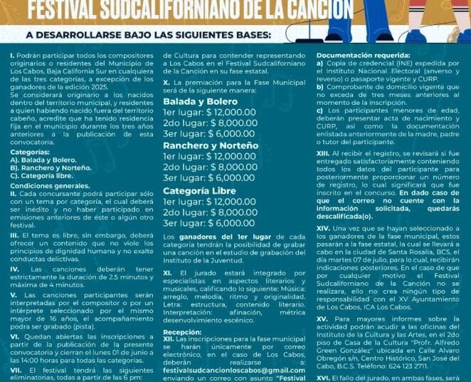 Convocan a cantantes y compositores de Los Cabos a participar en el Festival Sudcaliforniano de la Canción 2026.