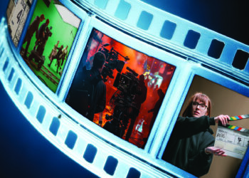 Curving illuminated film strip featuring scenes from movie production, including a film set, camera crew, and director holding a clapperboard against a dark blue background.