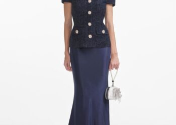 Vestido largo de bouclé metalizado azul marino