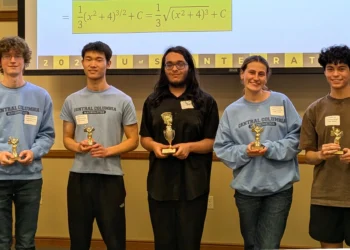 Cinco estudiantes posan en el interior sosteniendo trofeos, con una ecuación matemática proyectada encima de ellos.