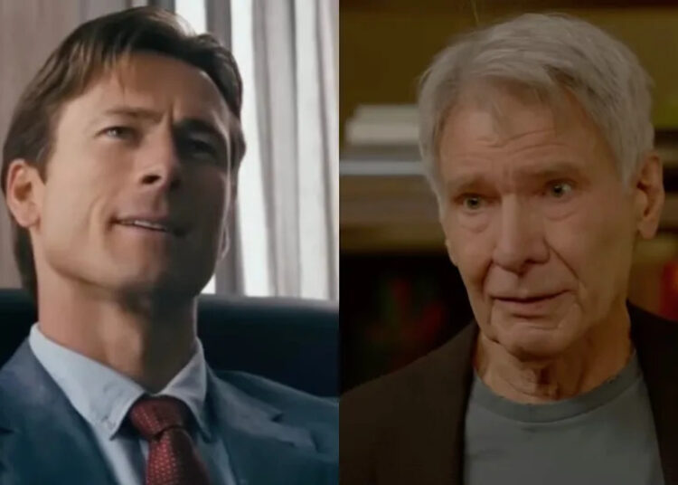 Glen Powell y Harrison Ford en una foto uno al lado del otro.