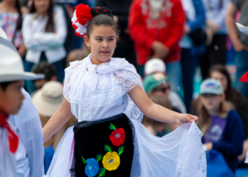 Niños bailando con trajes tradicionales mexicanos.