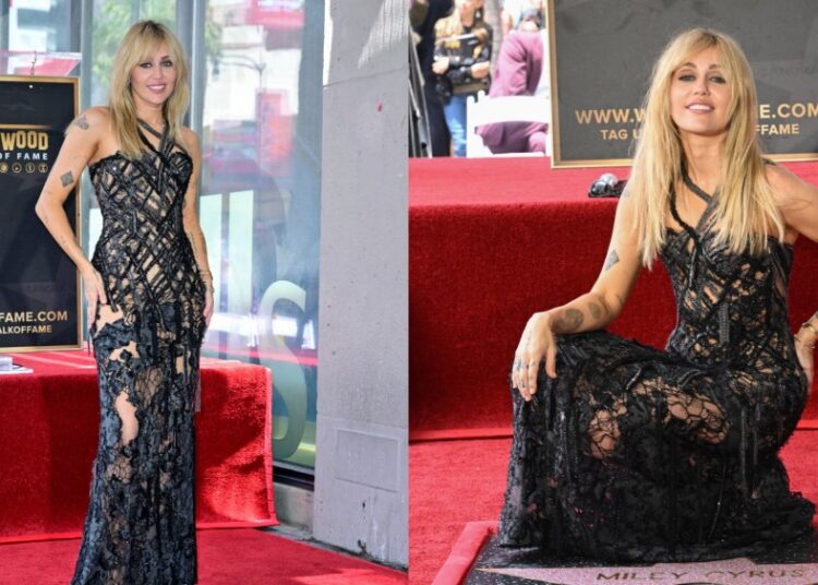 Miley Cyrus luce un vestido Versace desnudo en el Paseo de la Fama de Hollywood