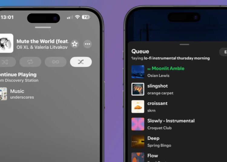 Dos smartphones que muestran los sistemas de colas de Apple Music y Spotify