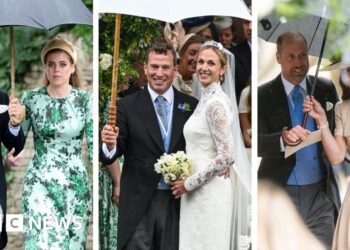 A composite image of Princess Beatrice, Edoardo Mozzi, Peter Phillips, Harriet Sperling, Prince William and Princess Catherine with umbrellas