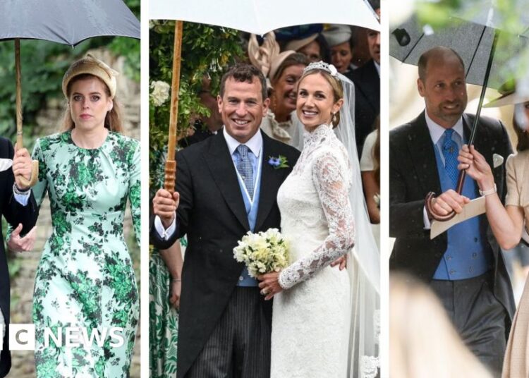 A composite image of Princess Beatrice, Edoardo Mozzi, Peter Phillips, Harriet Sperling, Prince William and Princess Catherine with umbrellas