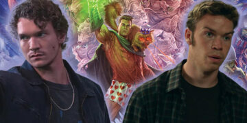 Conner Storrie y Will Poulter con arte de un juego de mesa Dungeon Crawler Carl en una imagen compuesta