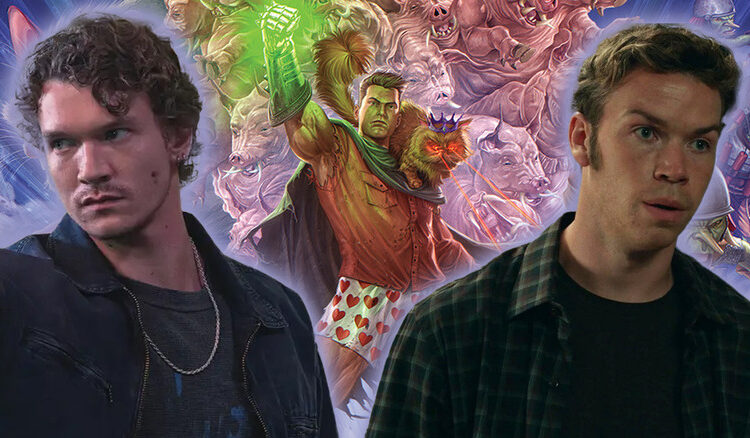 Conner Storrie y Will Poulter con arte de un juego de mesa Dungeon Crawler Carl en una imagen compuesta