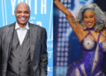 Splt image. Left: Charles Barkley in a suit, smiling. Right: Cardi B performing in a sparkling purple outfit with silver hair.