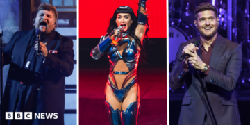 Composite of Teddy Swims, Katy Perry and Michael Buble, all singing