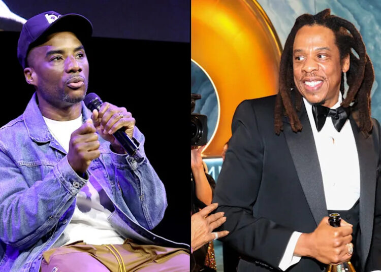 Imagen dividida. Izquierda: Charlamagne Tha God hablando con un micrófono, con gorra y chaqueta vaquera. Derecha: Jay-Z con esmoquin sosteniendo una botella, sonriendo en un evento.