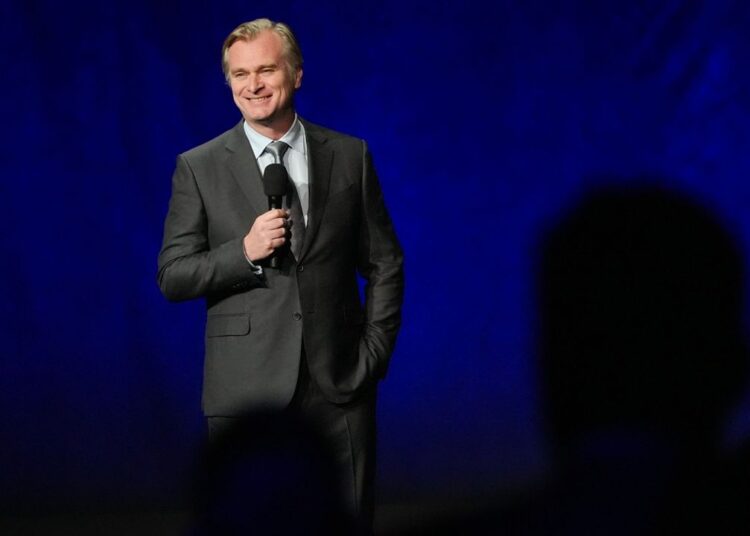 Christopher Nolan, director of the upcoming film "The Odyssey," speaks during the Universal Pictures and Focus Features presentation at CinemaCon on Wednesday, April 15, 2026, at Caesars Palace in Las Vegas. (AP Photo/Chris Pizzello)
