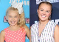 Imagen dividida de JoJo Siwa. A la izquierda, con un vestido rosa de lunares con un gran lazo blanco en el pelo en 2015. A la derecha, con un chaleco blanco con brillantes rayas de arcoíris en 2025.