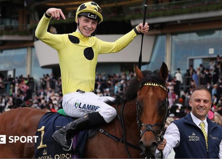 Billy Loughnane celebrates after riding Bow Echo to win the St James's Palace Stakes on day one of Royal Ascot in 2026