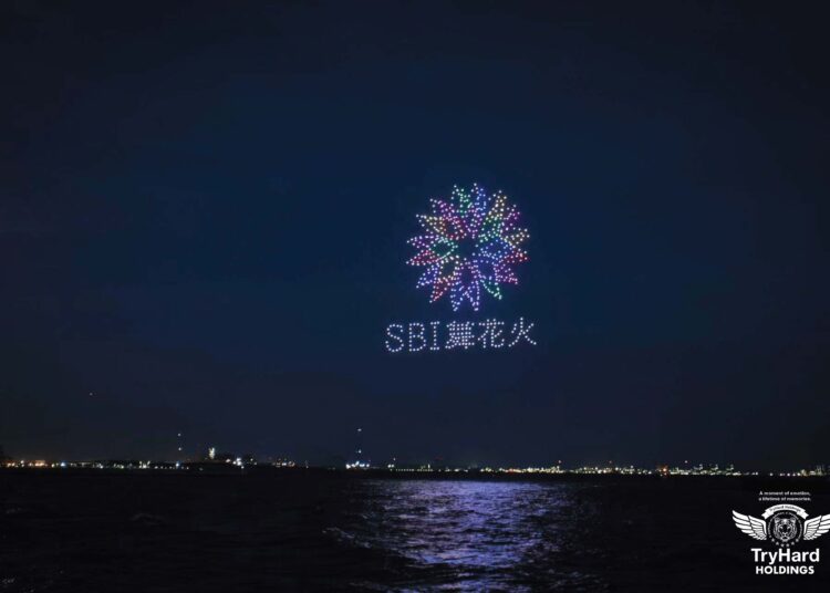 A drone light show at the SBI Fireworks Festival in Chiba, adding an innovative visual element to the immersive entertainment experience.