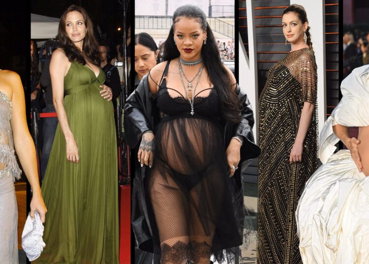 Mujeres famosas con trajes elegantes que celebran el embarazo en varios eventos.