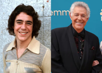 Split image of Barry Williams. Pictured on the left for a portrait during his time on 'the Brady Buch'. On the riht, seen in 2022 at the Primetime Emmy awards.