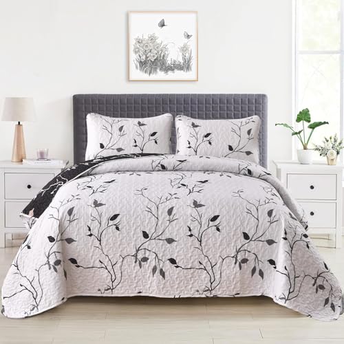 Djy Juego de edredón floral tamaño Queen 3 piezas, hojas botánicas, colcha blanca y negra, juego de colcha reversible, elegante y ligero juego de cama floral con fundas de almohada para todas las estaciones de 96 x 90 pulgadas
