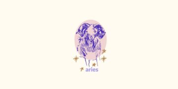 Ilustração deum carneiro dentro de um círculo rosa representando o signo de áries. Nome do signo abaixo e estrelas douradas ao redor