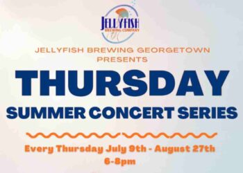 Un cartel para una serie de eventos musicales en Jellyfish Brewing, con letras azules y naranjas sobre un fondo gris.