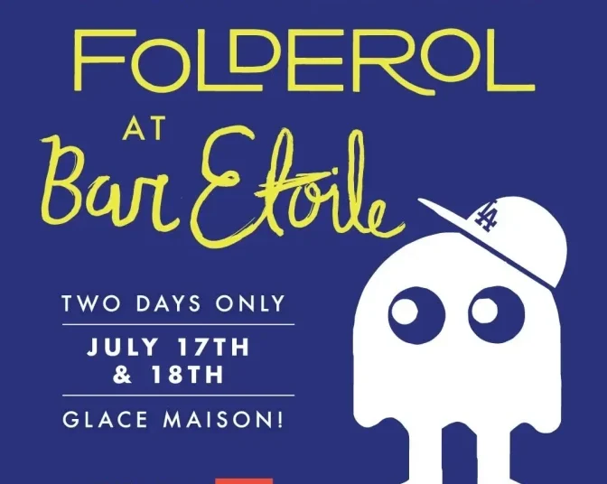 Un póster azul con un personaje animado fantasmal blanco con un sombrero de Los Ángeles y lectura de texto. "Directo desde París Folderol en el Bar Etoile."