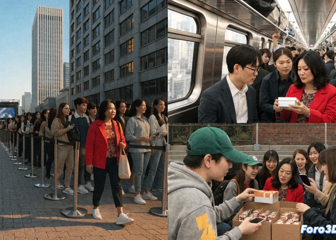 Cinematic scene of Lea Salonga standing in a long queue at Busan concert venue, holding a light stick like other fans, wearing casual fan attire, metro ticket visible in her hand, surrounded by crowd of BTS followers, no VIP access or shortcuts, sharing small gifts with nearby fans, photorealistic technical illustration, stadium lights in background, night atmosphere, warm glow from stage lights, crowd movement blur, demonstrating humility and equality during public event, respectful civic behavior highlighted, ultra-detailed facial expressions, realistic crowd density, dramatic low-angle shot
