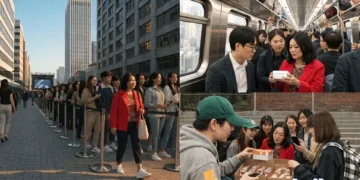 Cinematic scene of Lea Salonga standing in a long queue at Busan concert venue, holding a light stick like other fans, wearing casual fan attire, metro ticket visible in her hand, surrounded by crowd of BTS followers, no VIP access or shortcuts, sharing small gifts with nearby fans, photorealistic technical illustration, stadium lights in background, night atmosphere, warm glow from stage lights, crowd movement blur, demonstrating humility and equality during public event, respectful civic behavior highlighted, ultra-detailed facial expressions, realistic crowd density, dramatic low-angle shot