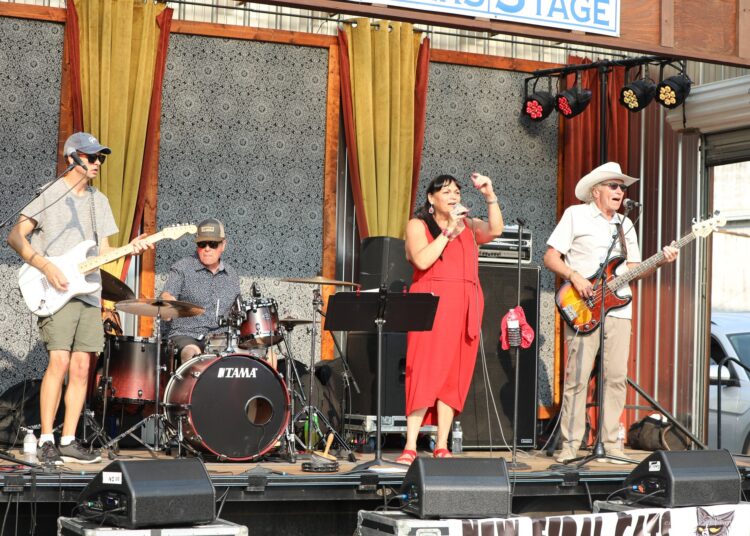 Band The New Feral Cats actuando en un escenario al aire libre en un festival con guitarristas, un vocalista y un baterista