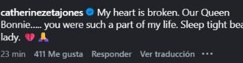 Mensaje de Catherine Zeta-Jones en Instagram tras conocerse la muerte de Bonnie Tyler (Instagram).