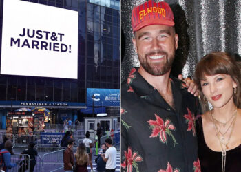 Travis Kelce, Taylor Swift y su 'JUST&T MARRIED!' valla publicitaria en el Madison Square GardenCrédito: CHARLY TRIBALLEAU / AFP; Bruce Glikas/WireImage