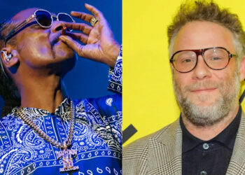Snoop Dogg actuando con gafas de sol y una camisa estampada; Seth Rogen sonriendo con gafas y una chaqueta a cuadros.